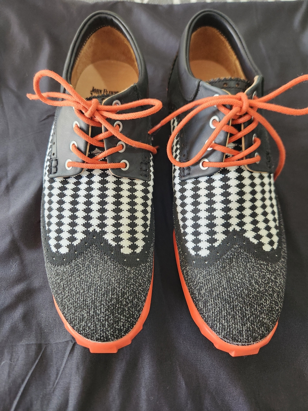 John Fluevog Black & Orange Knit Wingtip Sneakers